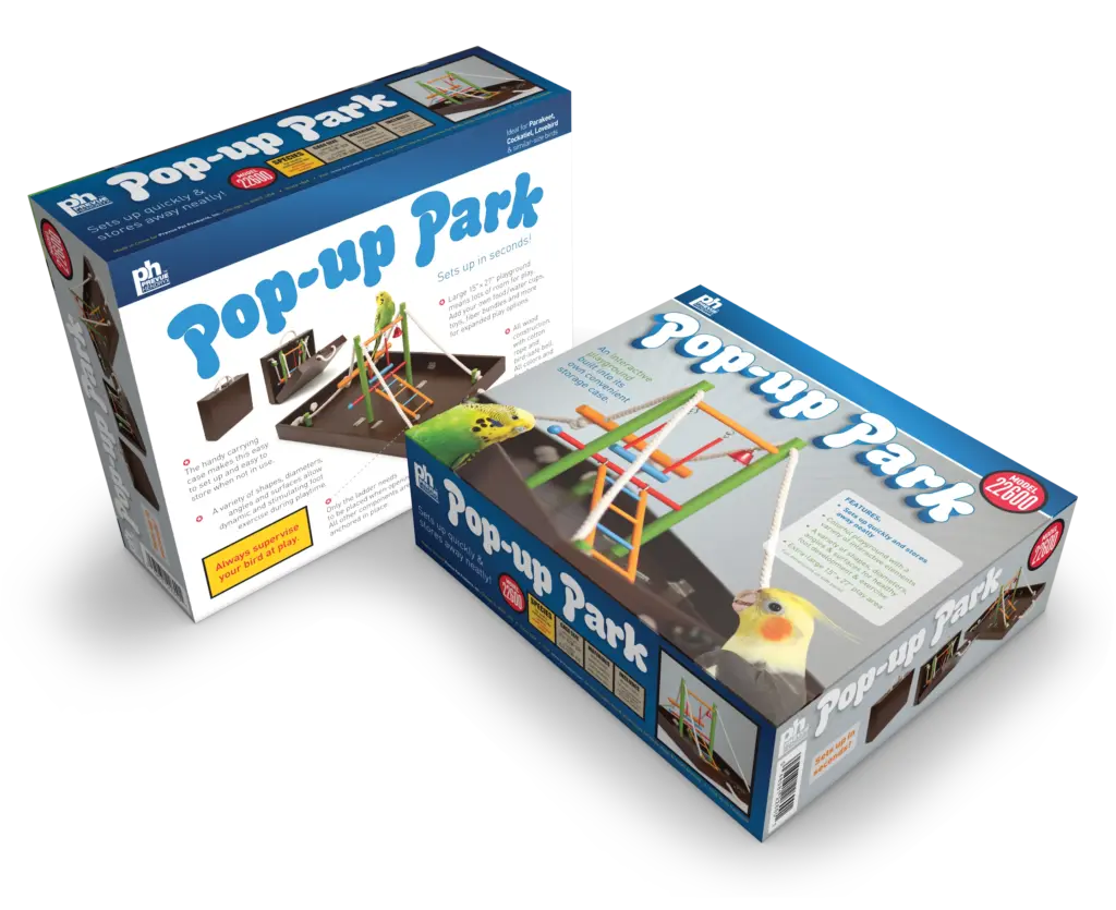 Graphic packaging for retail-ready display box for the Pop-Up Park playground for birds