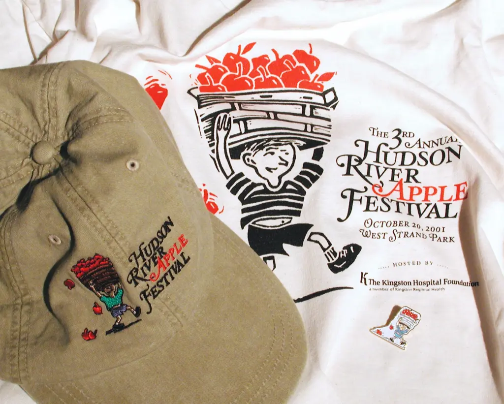 Hudson River Apple Festival gear, including shirt, hat, and pin