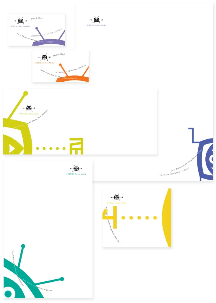 Foresee Active Media - stationery package, with business cards, letterhead, No. 10 Envelope, note pads, mailing sticker,
