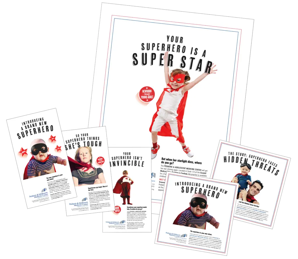 a series of ads and posters promoting the Goodall Hospital Pediatric & Adolescent Medicine Center